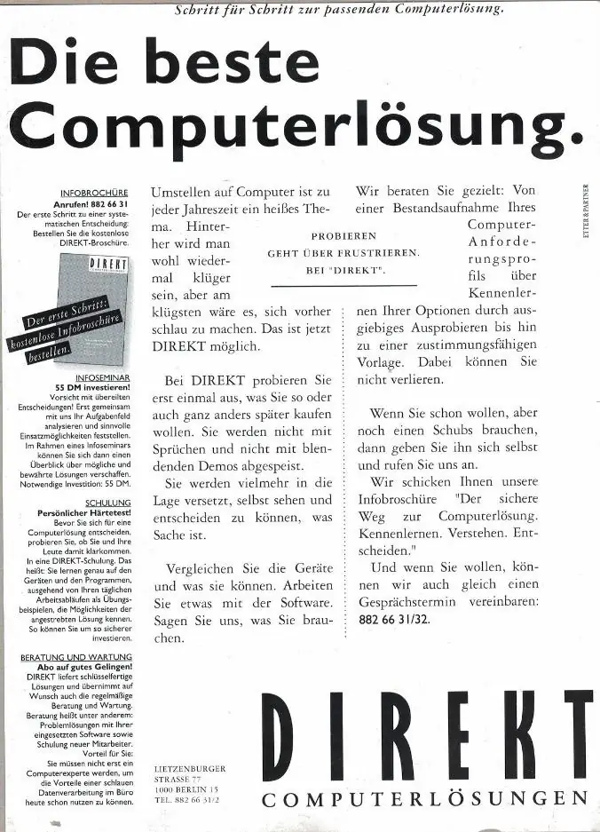 Anzeige: Die beste Computerlösung — DIREKT Computerlösungen, Berlin 1987
