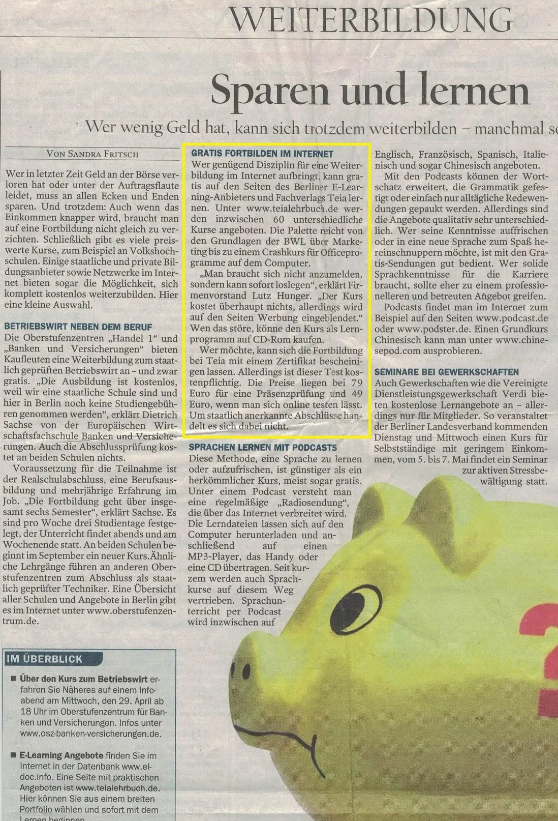 Pressestimme: »Sparen und lernen« — Weiterbildung, Berliner Zeitung